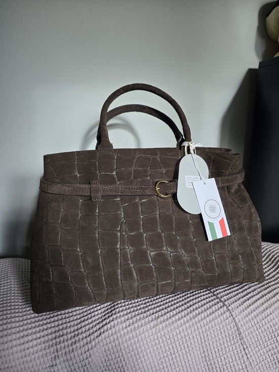 Viola Castellani Handbags - Genuine Leather Croc-Embossed Brown Suede Satchel with Top Handles